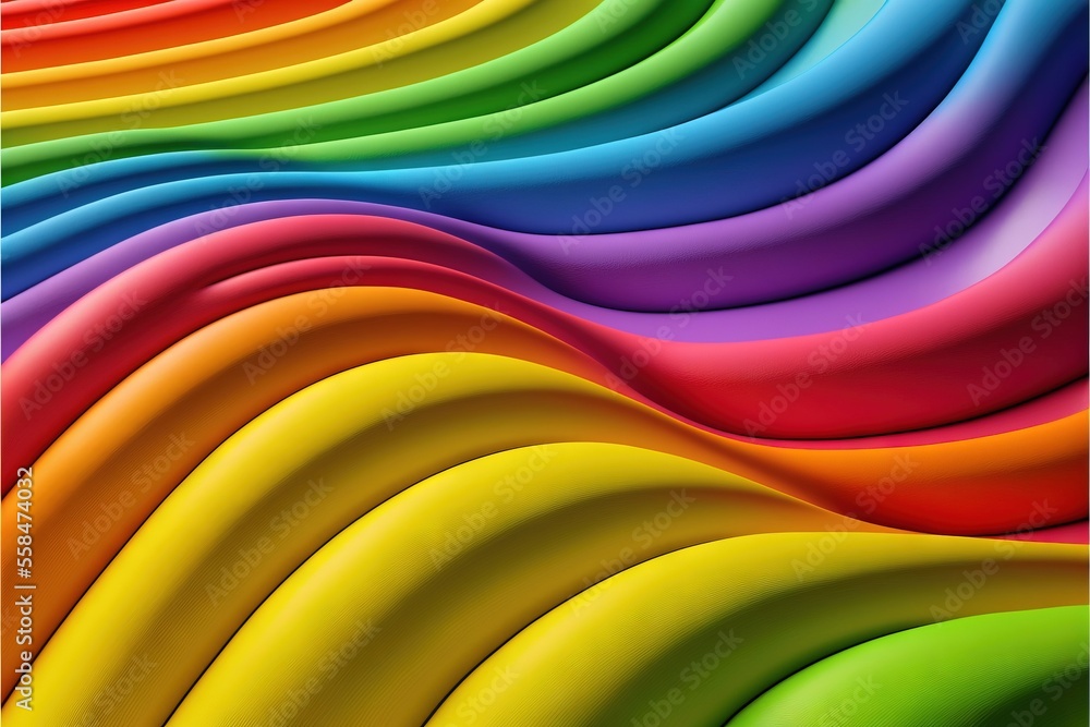 Poster a rainbow colored background with wavy lines in the center of the image and the bottom of the image 