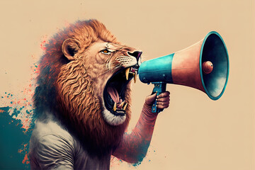 Illustration eines Löwen der in ein Megaphon brüllt als Ankündigung - obrazy, fototapety, plakaty