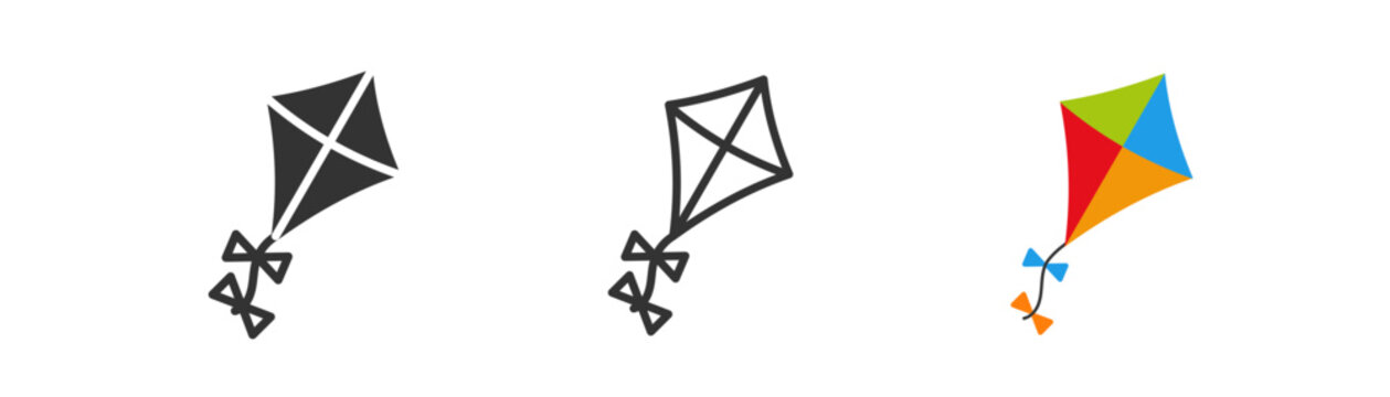 Kite icon on white background.  Colored paper kite in the sky illustration. Wind concept. Funny, happy, childhood symbol. Outline, flat, and colored style.