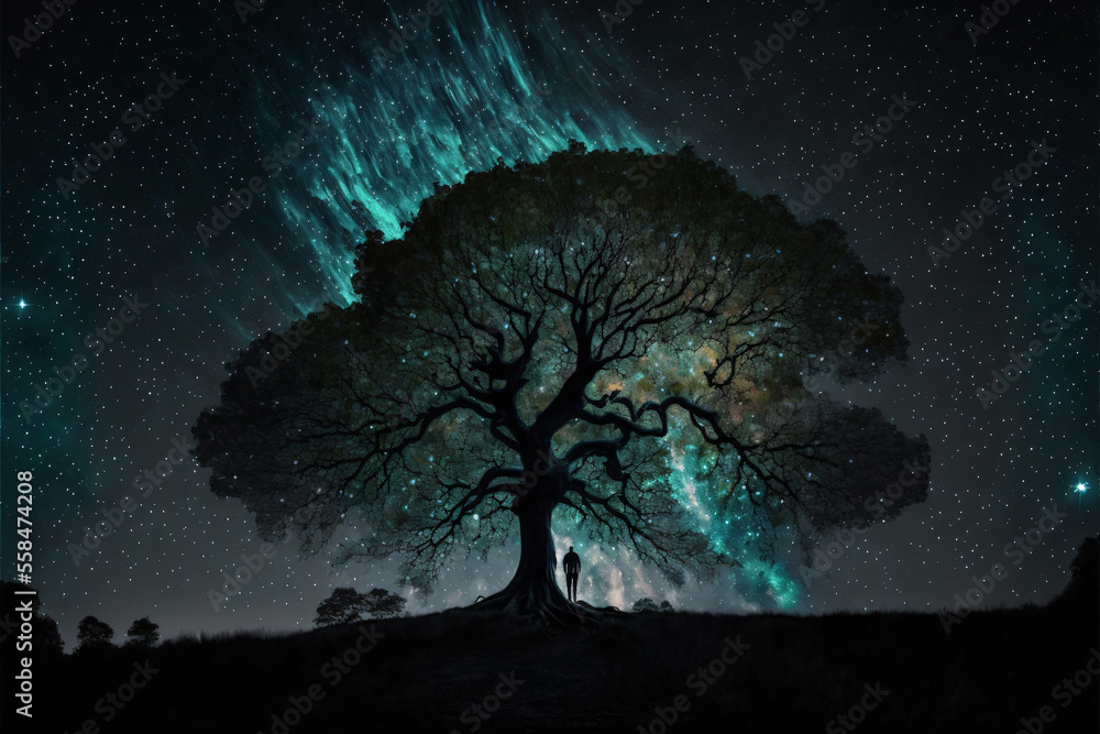 Poster silhouette of olive tree against night sky with milky way galaxy. designed using generative ai.