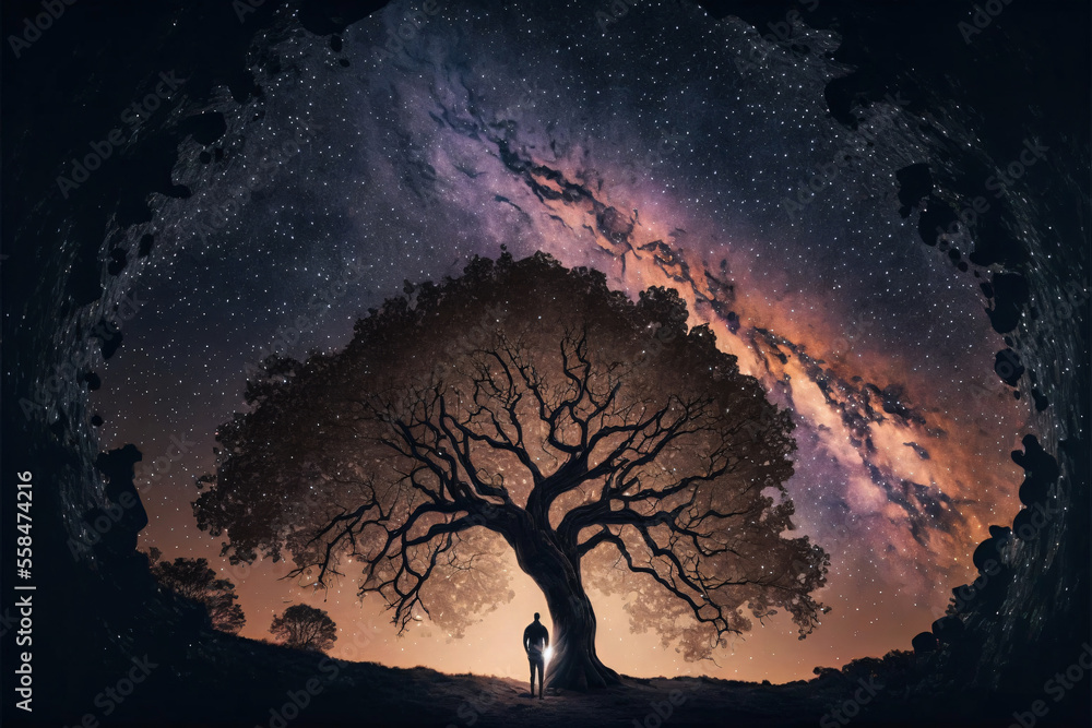 Sticker silhouette of olive tree against night sky with milky way galaxy. designed using generative ai.