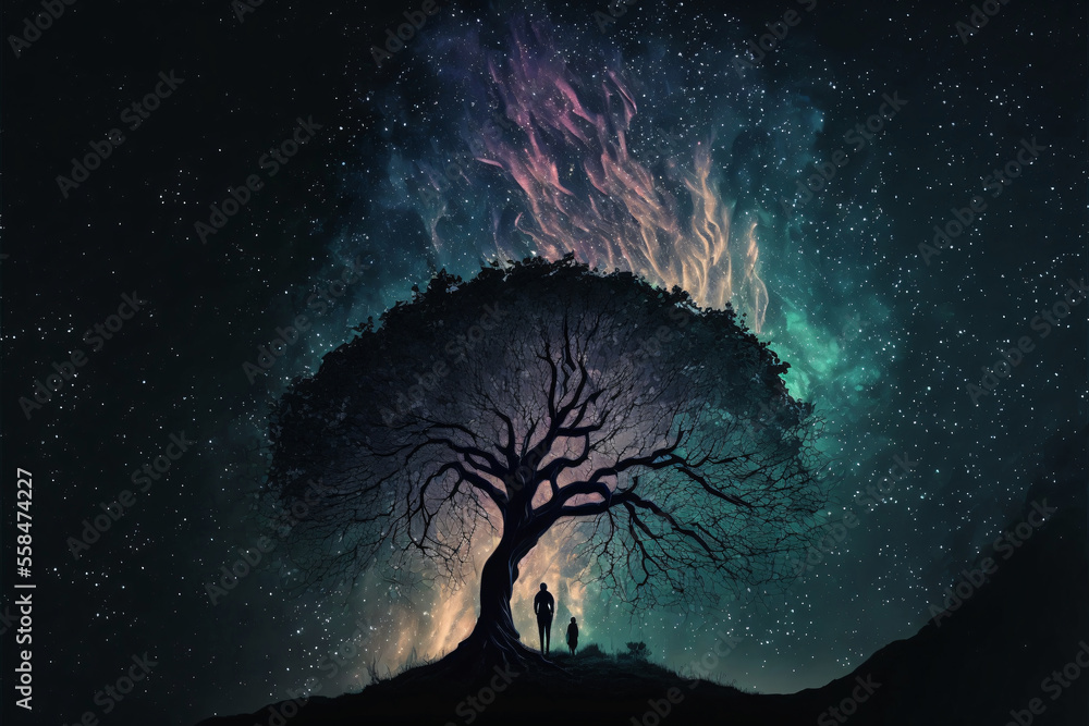 Sticker silhouette of olive tree against night sky with milky way galaxy. designed using generative ai.
