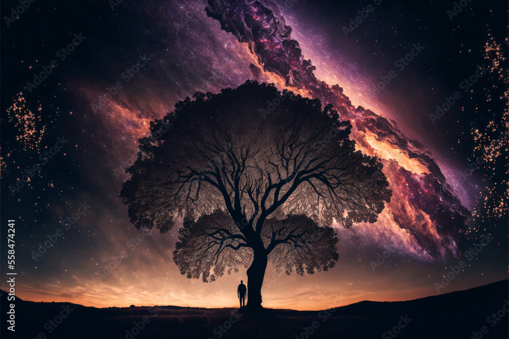 Sticker silhouette of olive tree against night sky with milky way galaxy. designed using generative ai.