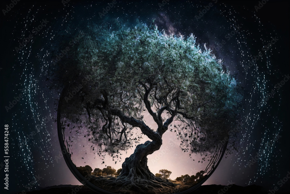 Sticker silhouette of olive tree against night sky with milky way galaxy. designed using generative ai.