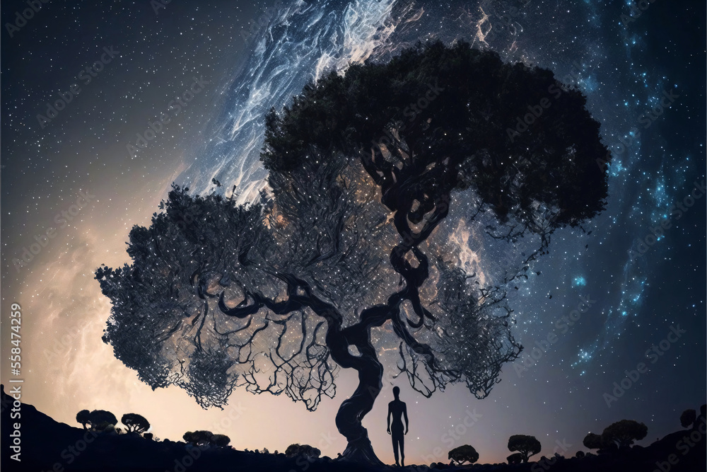 Poster silhouette of olive tree against night sky with milky way galaxy. designed using generative ai.