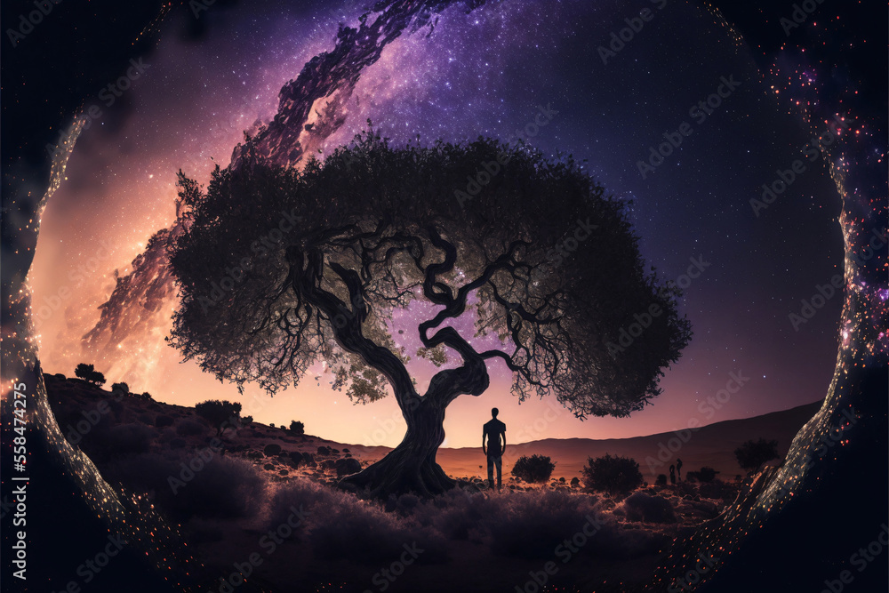 Sticker silhouette of olive tree against night sky with milky way galaxy. designed using generative ai.