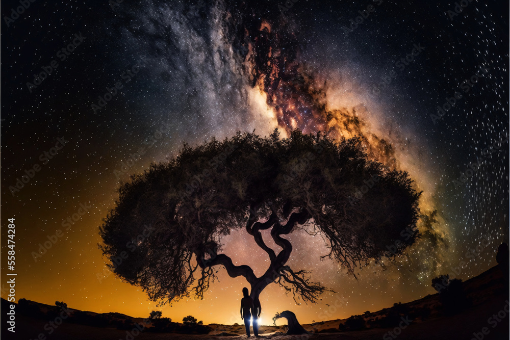 Sticker silhouette of olive tree against night sky with milky way galaxy. designed using generative ai.