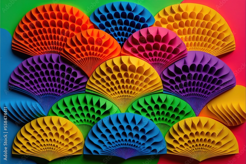 Aufkleber a multicolored picture of a bunch of paper fans on a colorful background with a black border in the 