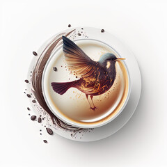 Top view of hot coffee bird on latte art foam set isolated on white background