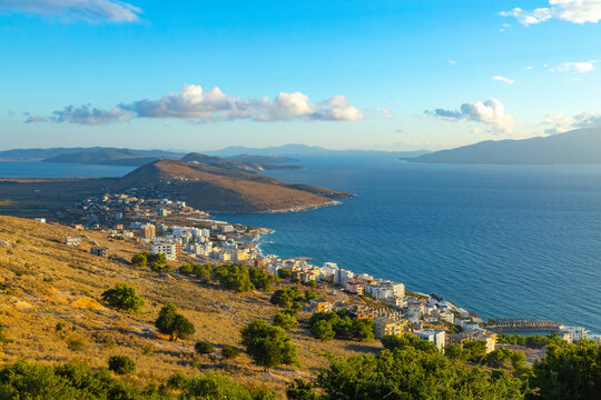 Beautiful view from Lekuresi Castle (Saranda, Albania) to Ionian sea, saranda town and greek island Corfu, Greece in the background