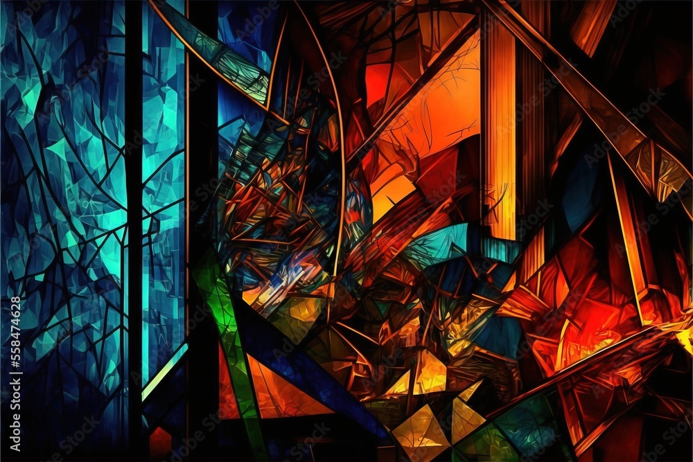 Aufkleber a painting of a forest filled with lots of trees and branches, with a colorful background of abstrac