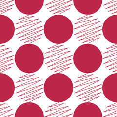 Abstract circles. Seamless vector pattern. Magenta color ring figures and curve lines on a white background. For creative designs, papers, wallpapers, wrappers, textiles, fabrics, and web.