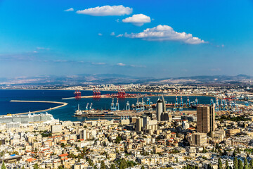 Panoramic view of the harbor port of Haifa, with downtown Haifa, the harbor, the industrial zone in...