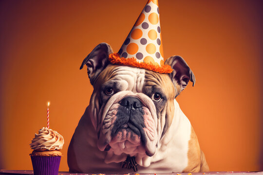Bulldog celebrating a birthday with a cake. Generative AI image