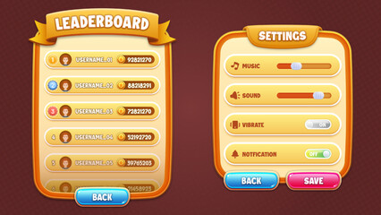 Game UI vector set - leaderboard and settings popups and buttons with editable text effects for building 2d games on mobile and web. This all-inclusive graphical user interface GUI set is in a soft st