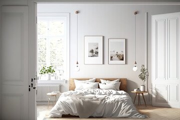 Fototapeta na wymiar interior of a white bedroom. earthy color scheme. Generative AI