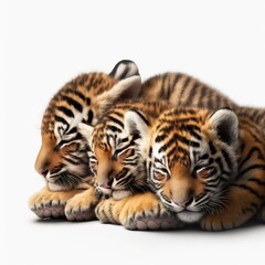 Obraz premium three baby tiger cubs cuddle together on a white surface with their mother's head on the back of the cubs'back paws, while the baby tiger is laying down on the other side of the other.
