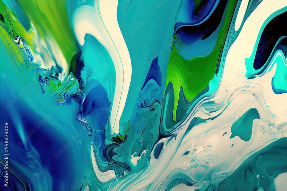 Poster an abstract painting of blue, green, and white colors with a black border around the edges of the im