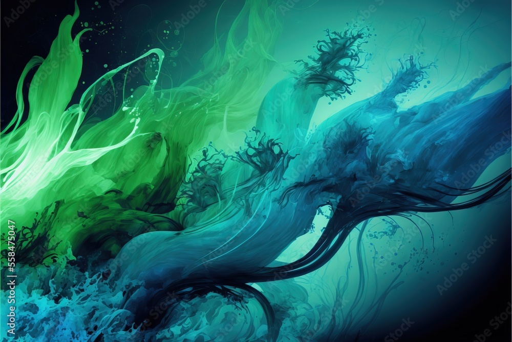 Poster an abstract painting of blue, green, and yellow colors on a black background with water swirling aro