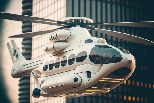 White Modern Futuristic Helicopter Flying Between  Skyscrapers, Generative AI