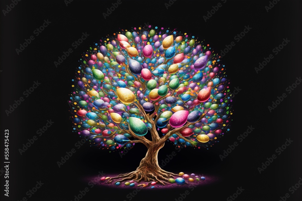 Poster a colorful tree with lots of balloons on it's trunk and a black background with a black background a