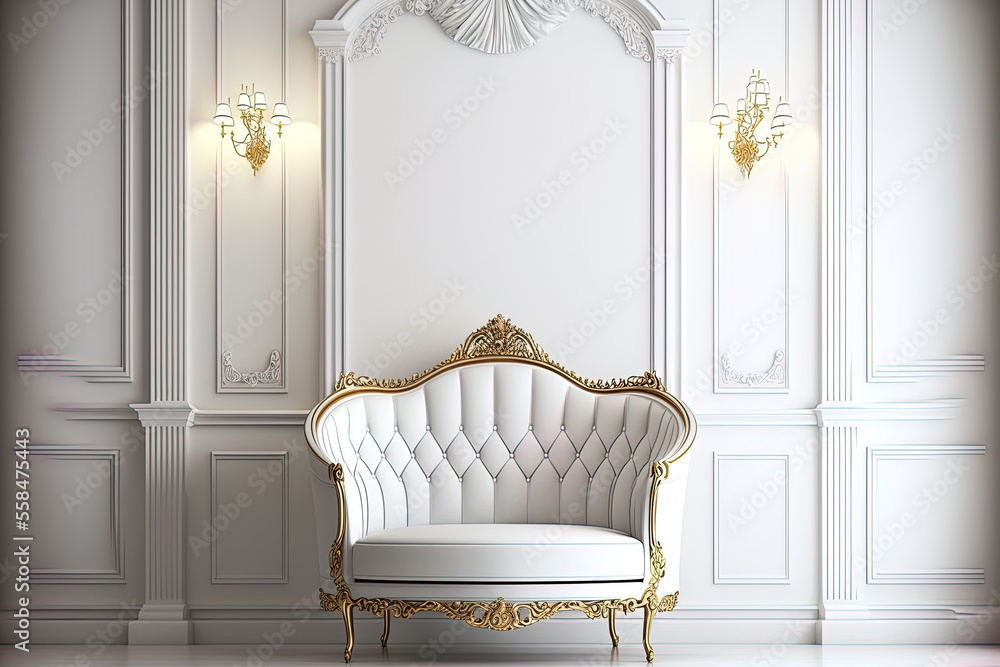 Wall mural classic interior with classic furniture and copy space. white walls with elegant cornice and molding