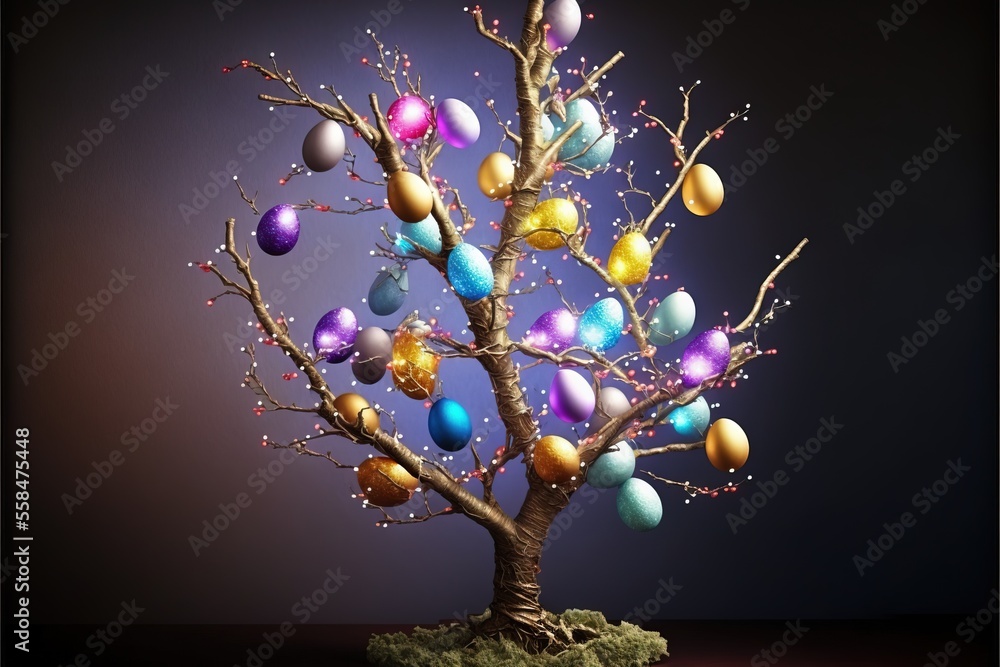 Poster a small tree with a bunch of eggs on it's branches in front of a purple background with a black back