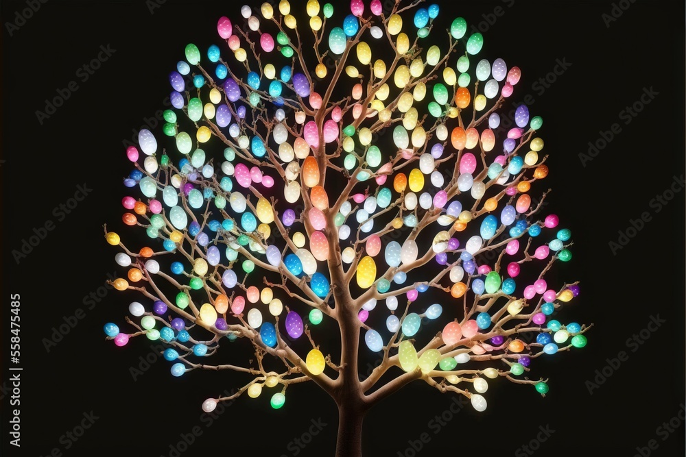Poster a tree with a lot of colored eggs on it's branches and a black background with a black background an