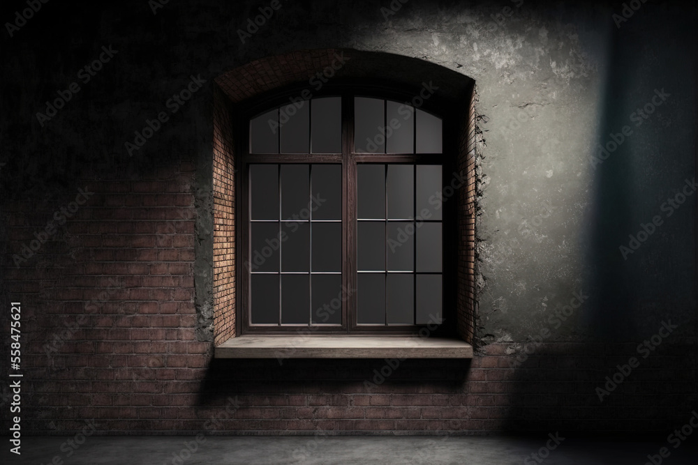 Poster a massive window with a wooden window sill extended to the floor along the entire concrete wall. ind