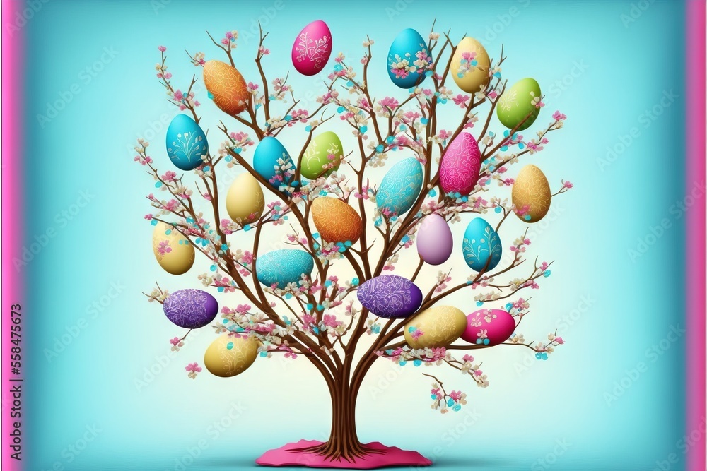 Poster a tree with eggs painted on it in a pink frame on a blue background with a pink border around the br