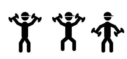 Cartoon exercise dumbbells. Stickman, stick figure man with dumbbells. Dumbbell for a sports hall. Training set. Fitness and yoga exercises. body workout. Dumbbell weight icon. Gym, powerlifting.