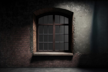 A massive window with a wooden window sill extended to the floor along the entire concrete wall. industrial loft with a grungy decor. a dark background and brick. Text placement. Generative AI