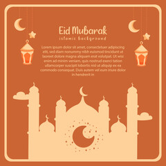 happy eid al fitr cartoon banner with cute lantern crescent moon background illustration 