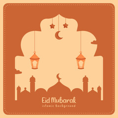 happy eid al fitr cartoon banner with cute lantern crescent moon background illustration 