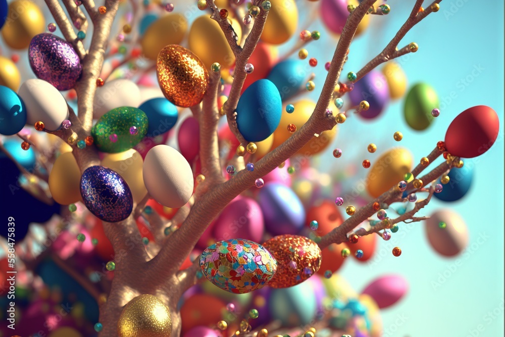Poster a tree filled with lots of colorful eggs and sprinkles on it's branches and a blue sky in the backgr