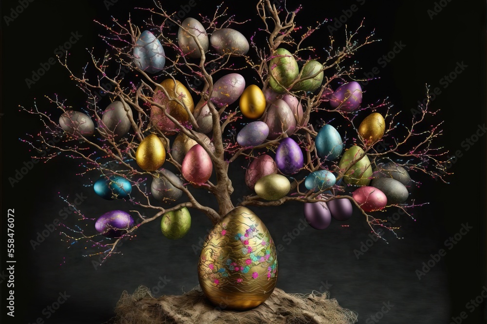 Poster a tree with a gold egg in it and a bunch of colorful eggs in the branches of it on top of a piece of