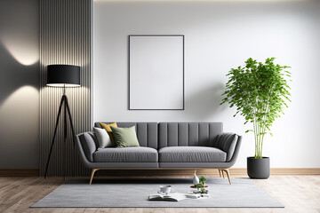 Modern apartment interior design with gray couch in modern living room, beige armchairs, and wall mockup. Generative AI