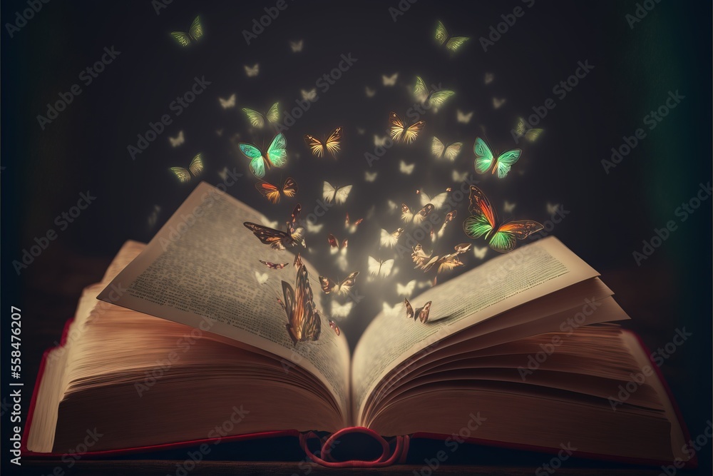 Poster an open book with butterflies flying out of it on top of a book with a red cover and a red ring on t