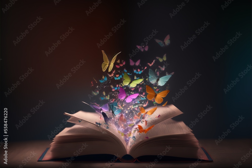 Poster an open book with a bunch of butterflies flying out of it on top of a wooden table in a dark room wi