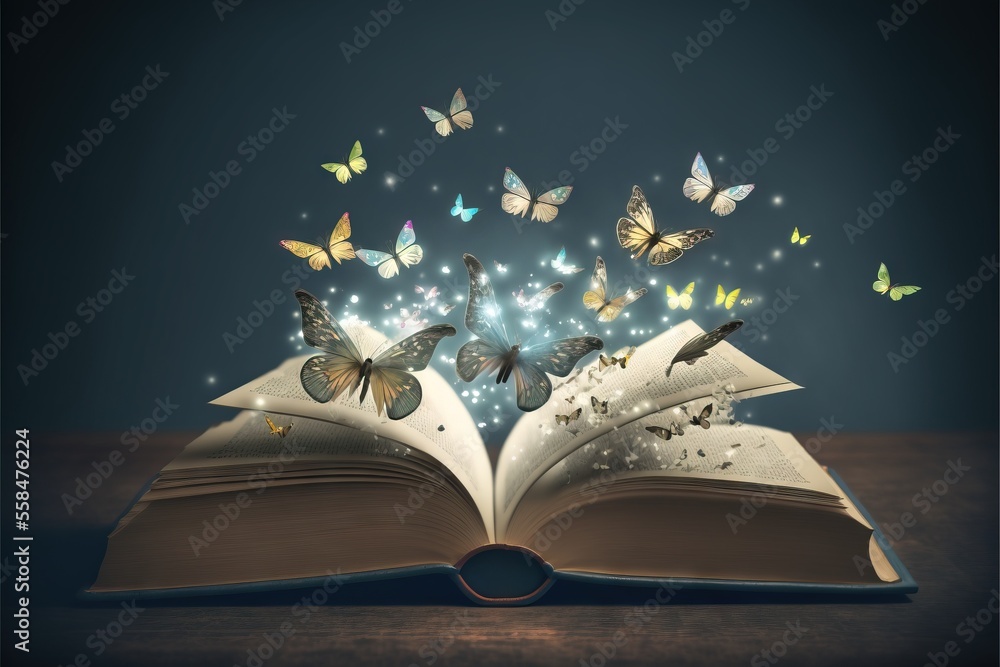 Poster an open book with butterflies flying out of it on a wooden table in front of a dark background with 
