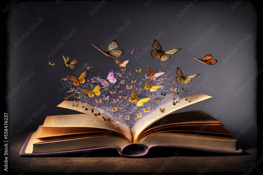 Poster an open book with butterflies flying out of it on top of a wooden table in front of a gray backgroun