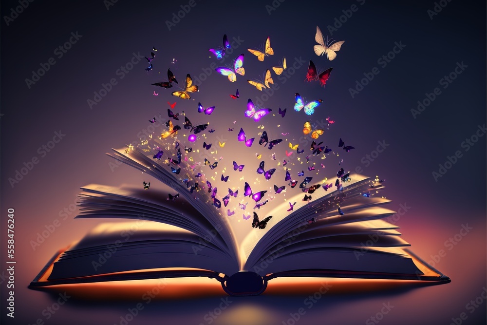 Poster an open book with butterflies flying out of it on a purple background with a black background and a 