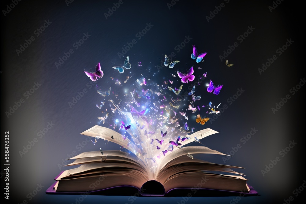 Aufkleber an open book with butterflies flying out of it on a blue background with a black background and a bl
