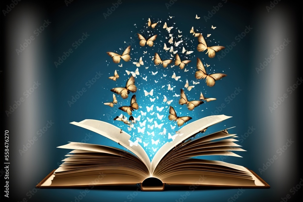 Poster an open book with butterflies flying out of it on a blue background with a black border and a black 