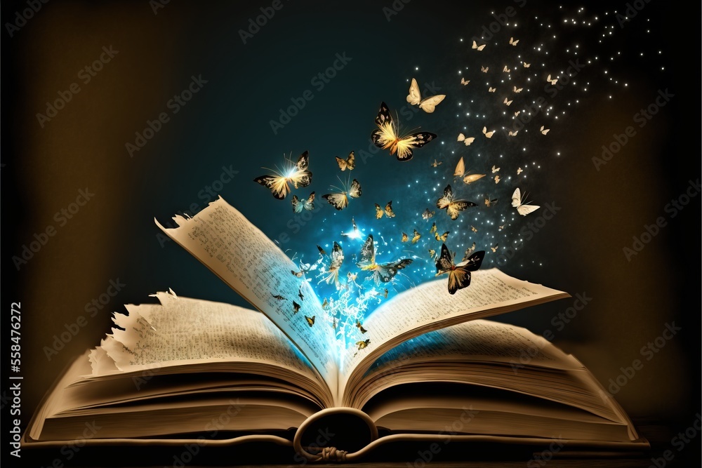 Poster an open book with butterflies flying out of it on top of a black background with a blue light coming