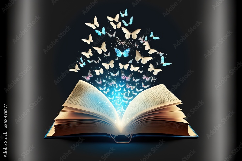 Poster an open book with butterflies flying out of it on a black background with a black background and a b