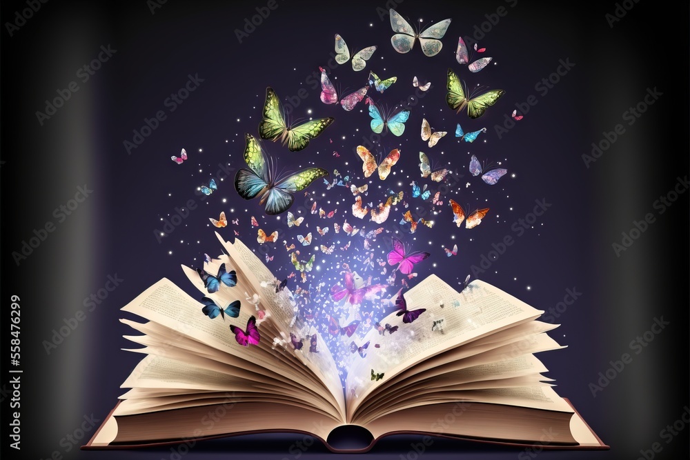 Aufkleber an open book with butterflies flying out of it on a purple background with a black background and a 