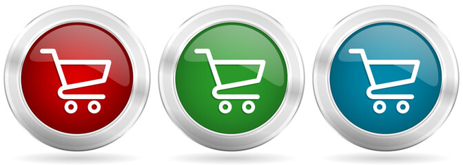 Shopping cart, business, shop vector icon set. Red, blue and green silver metallic web buttons with chrome border