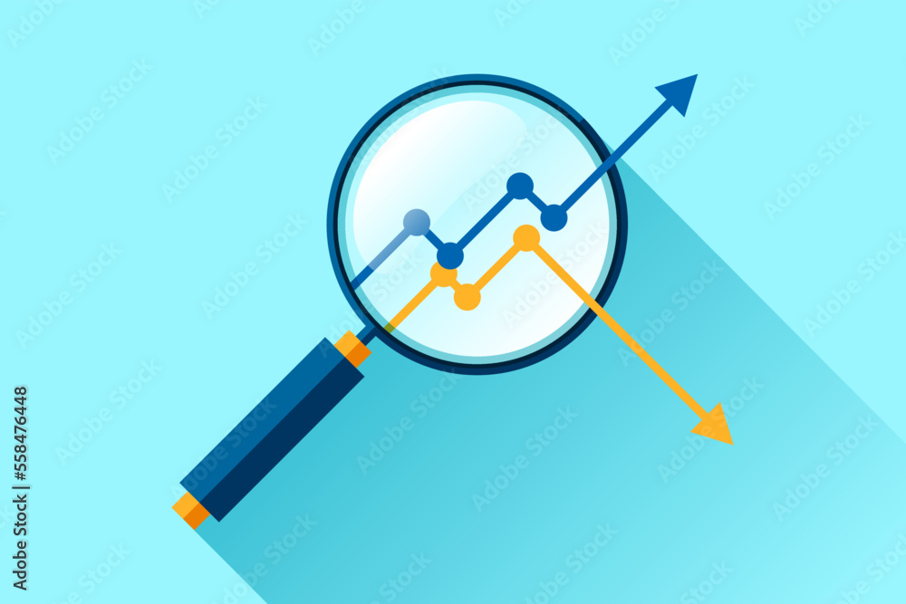 Poster magnifying glass icon in flat style. search loupe and diagrams on color background. zoom progress ch