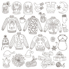 Warm Holidays - ugly Christmas sweaters, hats, socks, teapots, cacaocups, decorations. Set of hand drawn line doodle vector illustrations, icons
